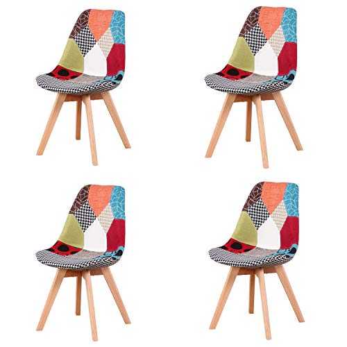 N/A Set of 4 dining chairs, upholstered patchwork retro chair, dining room, kitchen, bedroom, office chair (with solid beech legs) (Red, 4)