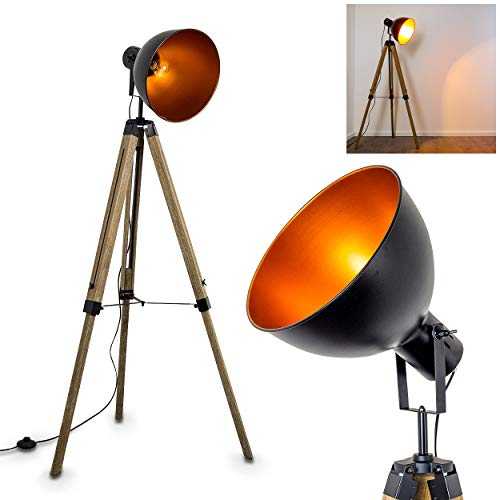 Floor lamp Jupiter, Vintage luminaire, Tripod Floor lamp Made of Wood, Ø 30cm Metal Shade in Black and Copper, Retro Design, with Large Round lamp Shade for 1 x E27 max 40 Watt
