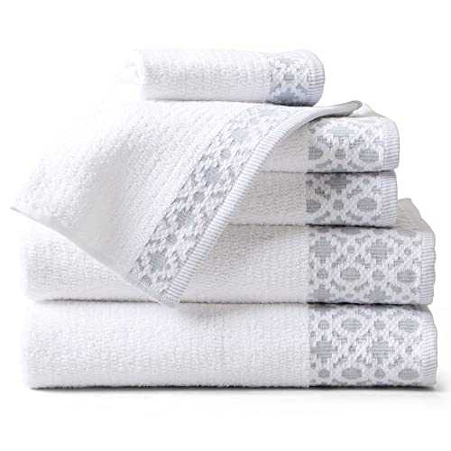100% Turkish Cotton Luxury Towel Set | Super Soft and Highly Absorbent | Textured Dobby Border | 550 GSM | 2 Bath Towels, 2 Hand Towels, & 2 Washcloths | Nitra Collection (White / Light Grey)