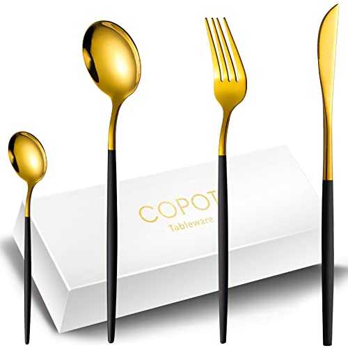 COPOTI Black and Gold Cutlery,Black Handle 24 Piece Knife Fork Spoon Set，Elegant Life 6 Person Dinner Set,Dishwasher Safe Cutlery,with Gift Box.