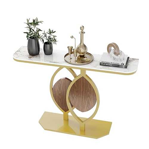 FATIVO Marble Console Table Sintered Stone:Luxury Hallway Tables 120x30x78cm Rich Cold Jadeite Natures Textured Marble Tabletop Designed Big Wood Leaf Shape with Stable Gold Legs Furniture Decor