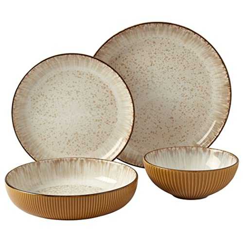 Tabletops Gallery Speckled Farmhouse Collection- Stoneware Dishes Service for 4 Dinner Salad Appetizer Dessert Plate Bowls, 16 Piece Jura Embossed Dinnerware Set in Caramel