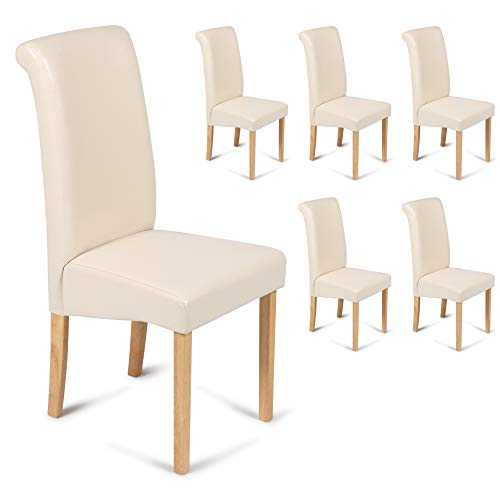 Set of 6 Faux Leather Scroll Top Roma Dining Chairs Cream With Padded Seat & Oak Finish Legs