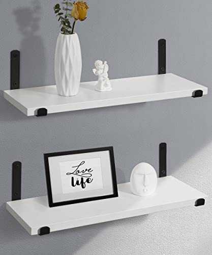 Afuly Floating Shelves White and Black Wall Shelf with Solid Wood, Metal Bracket for Bedroom Living Room Office Bathroom Kitchen, Storage or Display Shelves, Set of 2