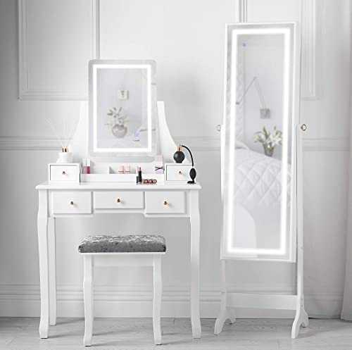 CARME White Dressing Table Touch Screen LED Light Rectangle Mirror Jewellery Storage Makeup Cabinet