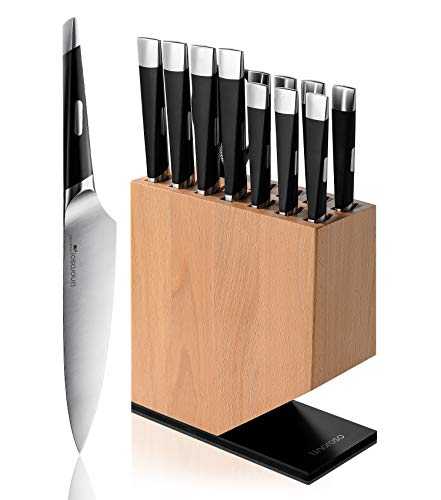 12-Piece Kitchen Knife Set with Block, Sharp Chef Knife Set, German High Carbon Stainless Steel Knife Block Set with Beech Block with Black Oxide Stainless Steel Base