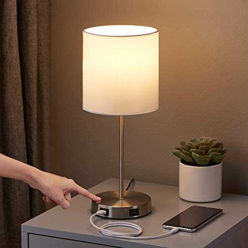 Touch Control Table Lamp with 2 USB Charging Ports, Seealle 3 Way Dimmable Small White Lamp, Bedroom Lamp for Nightstand, Bedroom, Living Room, Dining Room,Coffee Table (LED Bulb Included)