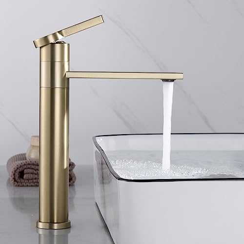 SHANFO Tall Bathroom Tap, 360° Swivel Spout Countertop Basin Tap, High Rise Basin Mixer Tap, Single Lever Tall Tap, Brushed Gold,1M4OK-T