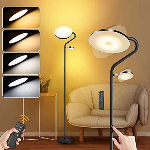 Tacopet 2 LEDs Floor Lamp Main Uplighter 27W 2000LM, Side Reading Lamps 7W 400LM, Dimmable Adjustable Standing Light with 4 Color Temperature, Remote & Touch Control for Living Room, Bedroom, Office
