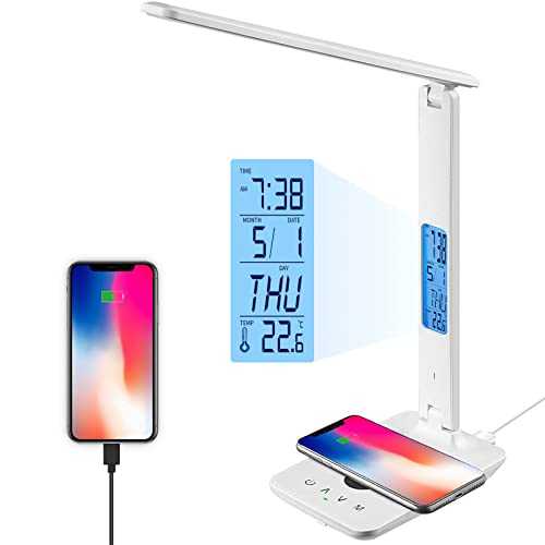 XIMI-V LED Desk Lamp with Wireless Charger, Table Lamp with Clock, Alarm, Date, Temperature, Office Lamp, Desk Lamps for Home Office (White)
