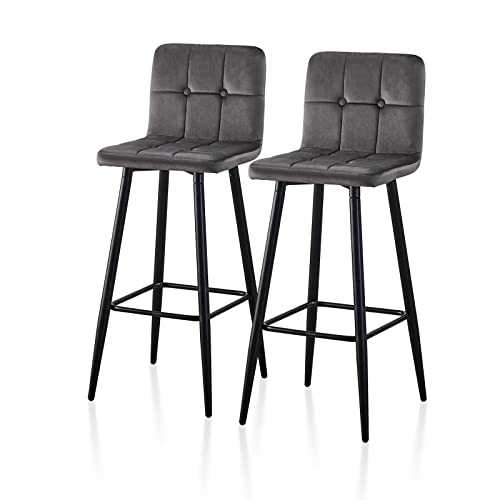 Modern Set of 2 Bar Stools Velvet Kitchen Breakfast High Stools with Metal Base Footrest Dining Island Home Pub Party Furniture 75CM Seat Height Grey