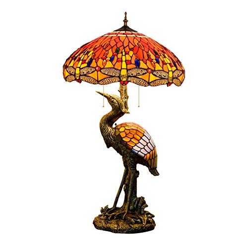 Retro Style Stained Glass Table Lamp 20" Tiffany Style Male Bird Desk Lamp Crimson Dragonfly Glass Lampshade for Living Room Study Bedroom Table Lamp