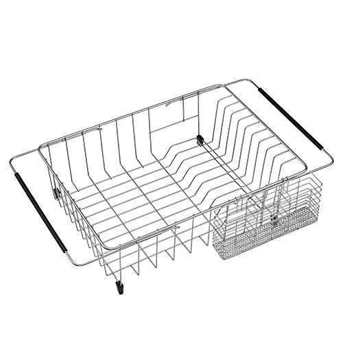 Slideep Expandable Dish Drying Rack, 202 Stainless Steel Over the Sink Dish Rack, in Sink or On Counter Dish Drainer with Steel removable Utensil Holder