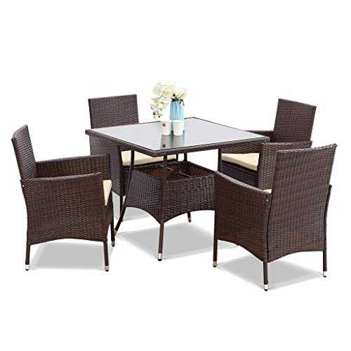 LUGEUK 5 Pieces Of Outdoor Patio Dining Table And Chairs, Wicker Glass Table And Upholstered Chair, Wicker Chair Conversation Cover, Cut Out Umbrella, Brown