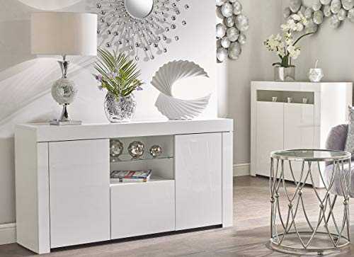 IF Display Cabinet Sideboard Cupboard Lowboard with Glass Shelf White High Gloss Top & Doors/White Matt Body LILY