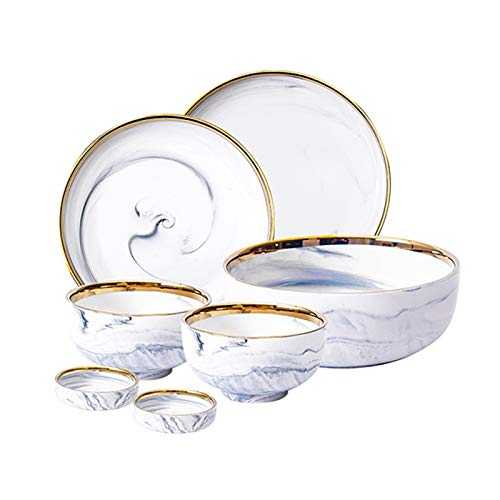 YIXIN2013SHOP Dinner Plates 7- Piece Kitchen Dinnerware Set Gold Edge Marble Plates Set Round Ceramic Dinner Plate Sets, Plates Bowls and Sauce Plates, Service for 2 Dishes Plates
