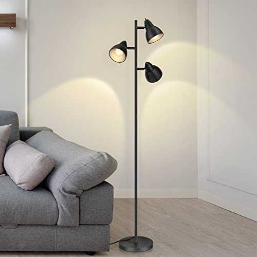 EDISHINE Industrial Floor Lamp, Standing Lamp with 3 Adjustable Rotating Lights, Black Floor Lamp for Living Room, Bedroom, Beside, Office, Sturdy Base, Standard E27 Base