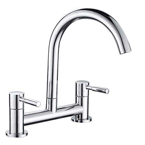 Maynosi Kitchen Sink Mixer Tap,2 Hole Kitchen Mixer Tap,Dual Lever Bridge Faucet ,180mm Centres Deck Mounted,1/4 Turn,360°Swivel Spout,Chrome Plated,Brass,Free Flexible Hoses