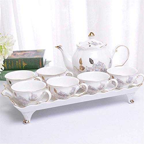 Tea Sets For Adults 8 Pieces Gold Trim Flower Pattern Afternoon Tea Drinkware Coffee Set For Party And Dinner Glazed Porcelain Coffee And Tea Service With 6 Piece Cups And Tray For Household Perfect