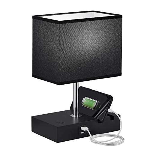 Touch Control USB Table Lamp, Seealle Dimmable Black USB Bedroom Nightstand Touch Lamp with 2 Fast Charging USB Ports, Phone Stand for Living Room, Dinning Room (Bulb Included)