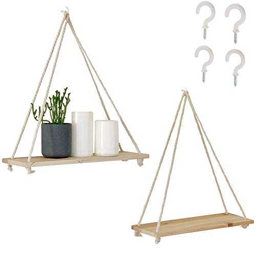 Wooden Floating Wall Shelf (Set of 2), Light Wood Hanging Shelves with Macrame Swing Rope, Triangle String Rope Boho Wall Decor Shelf, Handcrafted Natural Shelves with Hooks for Wall (16x5x0.5 inches)