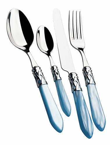 BUGATTI, Aladdin, 24-Piece Cutlery Set in 18/10 Stainless Steel, Chromed Ring and Light Blue Handle with Mother of Pearl Effect. 6-Person Cutlery Set: 6 Spoons, 6 Forks, 6 Knives and 6 Coffee Spoons