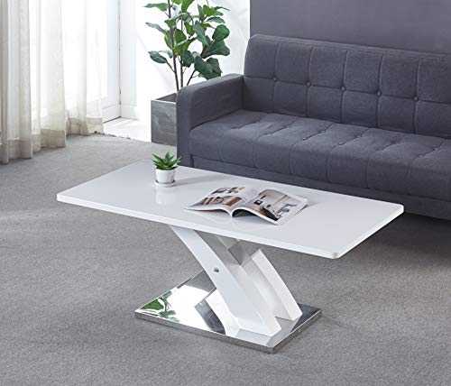 Marco MDF Gloss Finish White Coffee Table with Steel Base, Stunning Cross Leg Italian Style Frame with Gloss Finish Table TOP