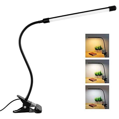 Akynite LED Reading Lamp Clip On Bed, Flexible USB Desk Lamp with Switch & Clip, 3 Colour Changing & 10 Brightness, Dimmable Bedside Table Lamp, Reading Light Clamp for Kids/Study/PC, Black