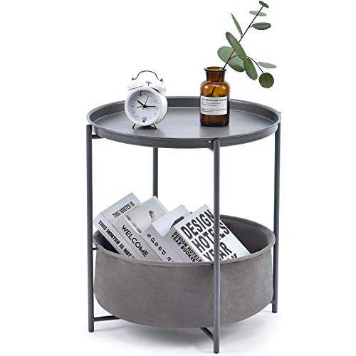 KINGRACK Coffee Round Table, Metal Nightstand, Sofa Side Snack Table, Bedside End Table with Detachable Tray Top and fabric Storage Basket, Scandi Style Lamp Table for Living Room Bedroom (Dark Grey)