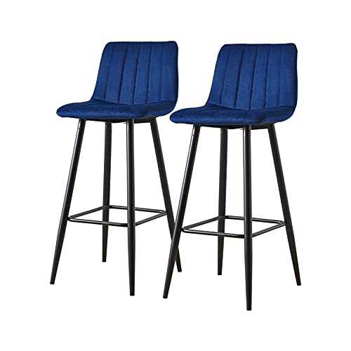 OFCASA Bar Stools Set of 2 Velvet Upholstered Bar Stools with Vertical Striped Backrest Island Counter Chairs for Home Kitchen Bar, Blue 65cm Height