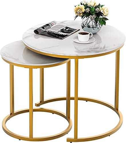 IDEALHOUSE Round Coffee Table Set of 2, Modern Accent Marble Texture Coffee Tables for Living Room, Nesting Table for Reception Room and Office Room (Gold)