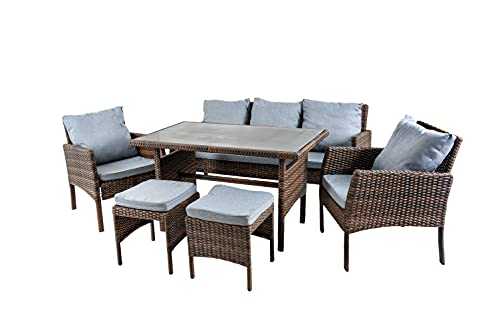 SHATCHI 6pcs Wicker Set of Light/Dark Brown Rattan Sofa, Table, 2 Chairs and 2 Stools Indoor/Outdoor Garden Furniture Patio Conservatory