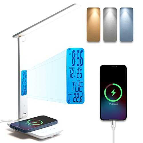 Ampulla M1 Desk Lamp LED Desk Lamp with Wireless Charger, USB Charging Port, Table Lamp with Clock, Alarm, Date, Temperature, Office Lamp (White)