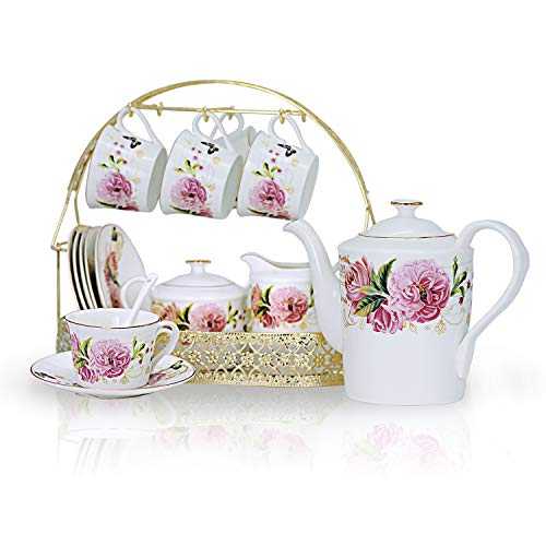 ufengke 15 Piece European Ceramic Tea Sets,China Coffee Set with Metal Holder,Colorful Rose Painting Straight Coffee Tea Pot