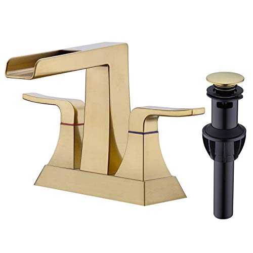 Brushed Gold Waterfall Bathroom Faucet 2 Handle 4 Inch Centerset Vanity Sink Mixer Tap with cUPC Water Supply Lines and Pop Up Drain Assembly