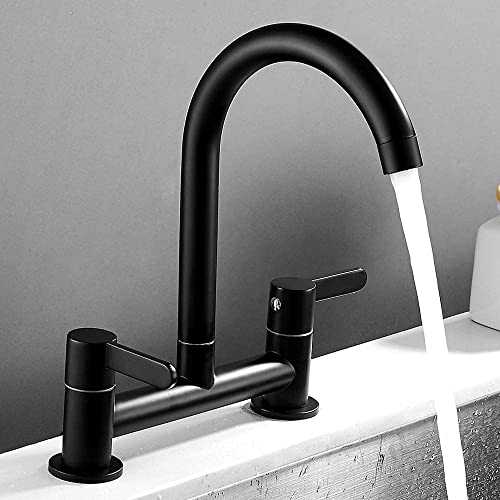 JOOZOUEU Dual Lever Kitchen Taps Mixers 2 Hole Deck Mounted Cold and Hot Mixer Tap Modern 360° Swivel Spout Brass Basin Bridge Mounted Cold and Hot Mixer Tap (Black)