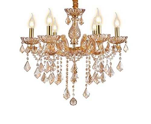 Am-Light K9 Crystal Modern Chandelier with 6 Lights, for Living Room, Bedroom, Hallway, Dining Room (Gold and Amber)