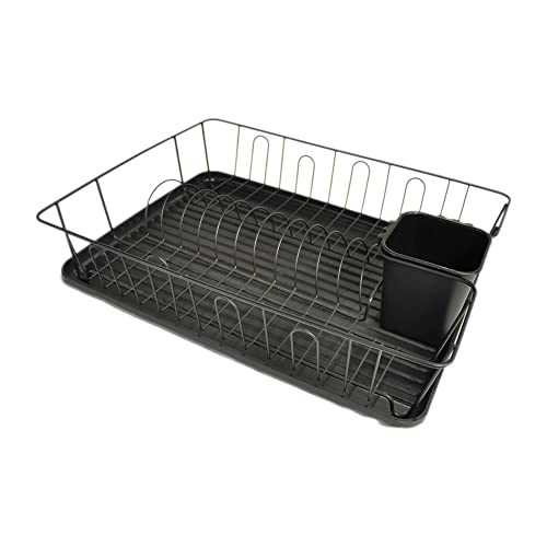 Calitek Dish Rack Drainer Kitchen Sink Countertop Dish Drying Draining Board with Removable Drip Tray and Utensil Holder Anti Rust Compact Design Black