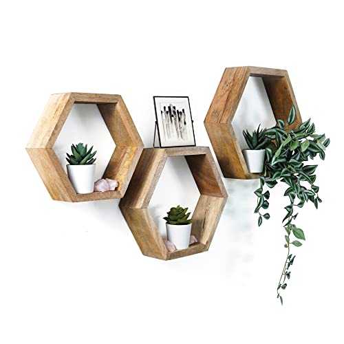 Handmade Wooden Hexagon Shelves – Rustic Floating Shelves - Honeycomb Shelves - 3 Shelf Set for Displaying Wall Decorations for Bedrooms, Living Room Decor & Decorative Home Accessories