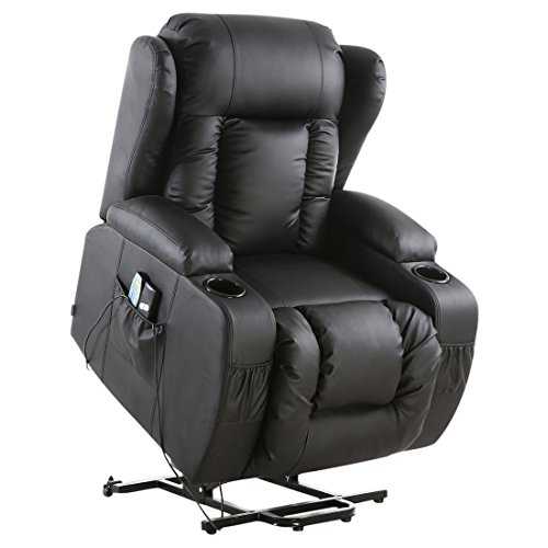 More4Homes CAESAR ELECTRIC RISE RECLINER MASSAGE HEAT ARMCHAIR SOFA LOUNGE BONDED LEATHER CHAIR (Black)