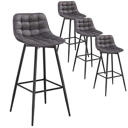 WOLTU Bar Stools Set of 4 PCS Soft Velvet Seat Bar Chairs Breakfast Kitchen Counter Chairs Metal Legs Barstools Dark Grey High Stools with Backrests & Footrests