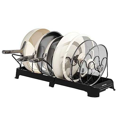 Hikinlichi Expandable Pot Pans Organizers Racks Lids Holders Cutting Board Racks Bakeware Platters Dishes Storage Stand 12 Adjustable Compartments Kitchen Countertop Pantry Cabinet Under Sink,Black
