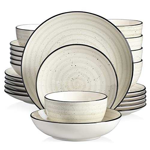 vancasso Stoneware Dinnerware Set 24 Pieces, Bonbon Beige Dinner Set Handpainted Spirals Pattern Ceramic Combination Set with Dinner Plate/Dessert Plate/Soup Plate/Bowll, Service for 6