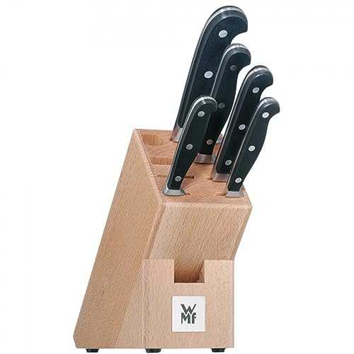 WMF Knife Block 6-Piece Spitzenklasse Plus Performance Cut Double Serrated Blade Made in Germany Forged Special Blade Steel - Stainless Steel Rivets Quality Plastic Handles Knife Block Made of Beech Wood