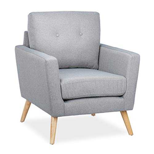 Relaxdays Tub Chair, Retro, Wooden Legs, Fabric Upholstery, 50s & 60s Style, Living Room, H x W x D 88 x 74 x 77 cm Grey, wood, foam, Pack of 1