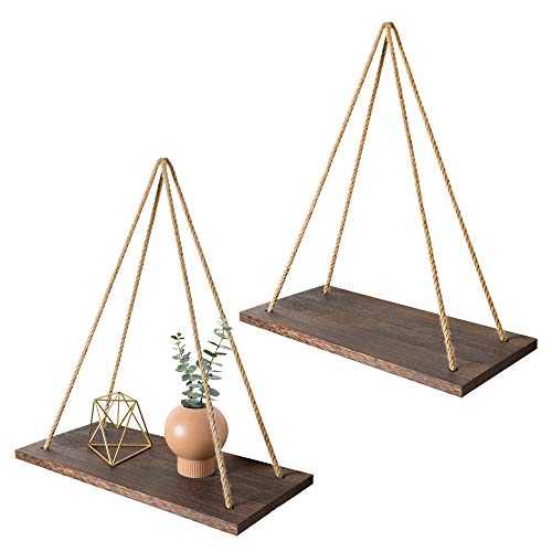 Mkono Hanging Shelves Boho Wall Decor Set of 2 Rustic Wood Floating Shelf with Rope Photo Plants Display Room Decor Aesthetic for Bedroom Bathroom Home Office College Dorm