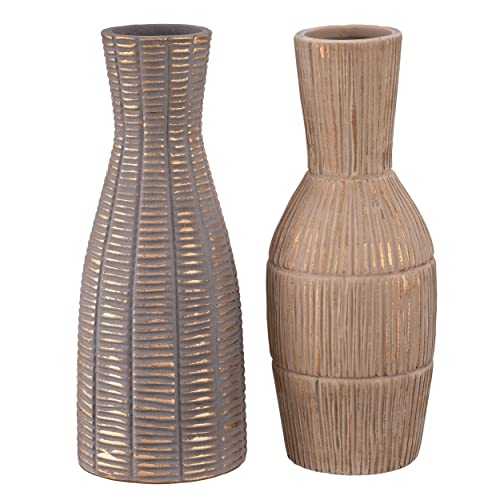 TERESA'S COLLECTIONS Vase for Flowers, Set of 2 Ceramic Brown Beige Rustic Flower Vases, Vintage Pottery Vase for Living Room, Mantel, Shelf, Kitchen, 23cm Tall