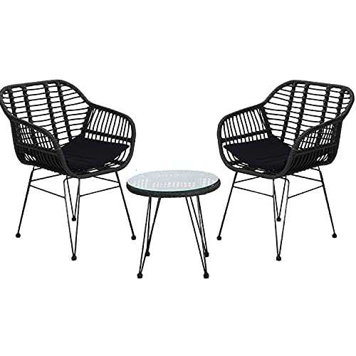 FUKEA Rattan Bistro Set Patio Furniture Sets Bistro Garden Table and 2 Chairs with Cushions Balcony Furniture (Black)