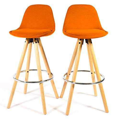 Bravich Retro Scandinavian Design Set of 2 Barstools in Terracotta Orange Velvet Fabric | Ergonomic Solid Wooden Legs Premium Velvet Bar Chairs Breakfast Bar Kitchen Stool With Backrest and Footrest