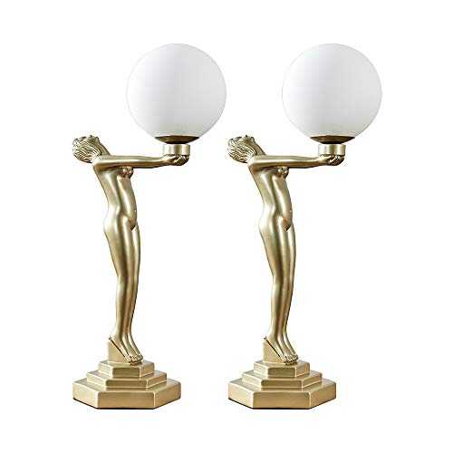 Pair of - Matt Gold Art Deco Female Holding Light Table Lamp with a White Opal Glass Globe Shade - Complete with a 4w LED Golfball Bulb [3000K Warm White]